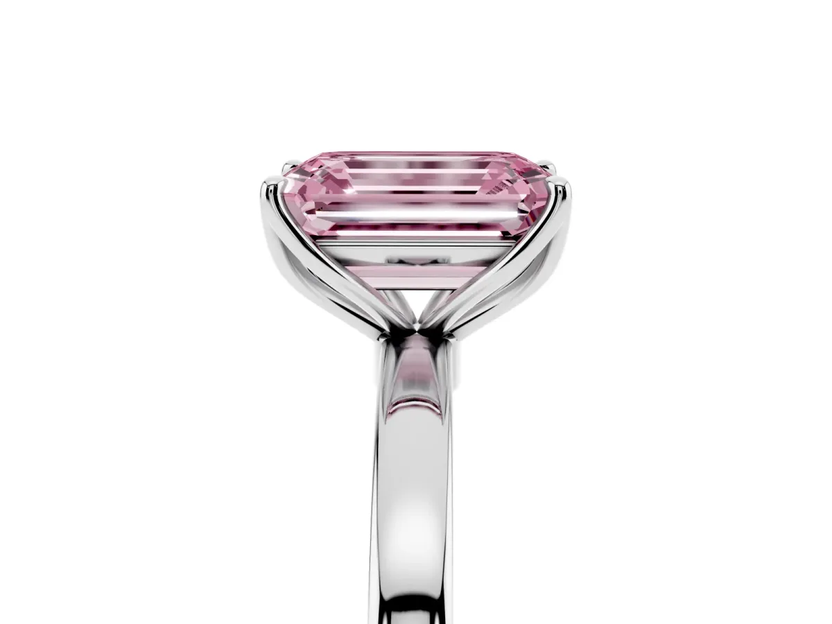 Fancy Pink Emerald Cut Diamond Solitaire Ring with Thin Band and Prong Setting White gold