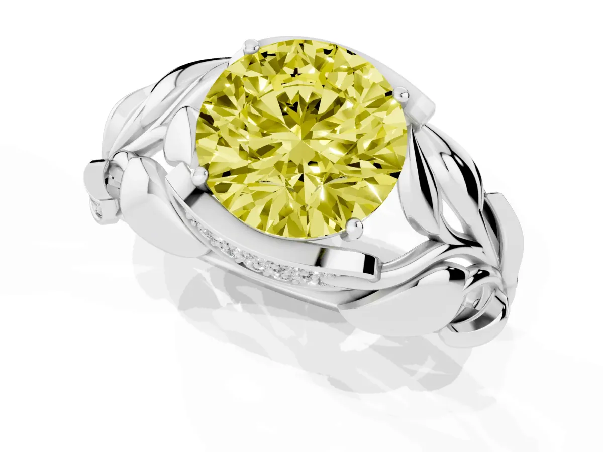 Fancy Yellow Round Cut Diamond Leaf-Inspired Engagement Ring with Round Accents and Prong Setting Platinum