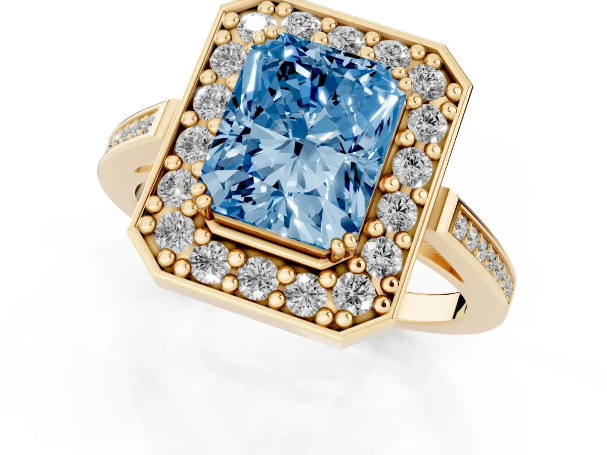 Fancy Blue Radiant Cut Diamond Halo Ring with Split Shank and Four-Prong Setting Yellow gold
