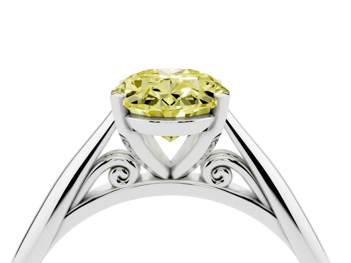 Fancy Yellow Oval Cut Diamond Solitaire Engagement Ring with Cathedral Setting and Four-Prong Mount Silver