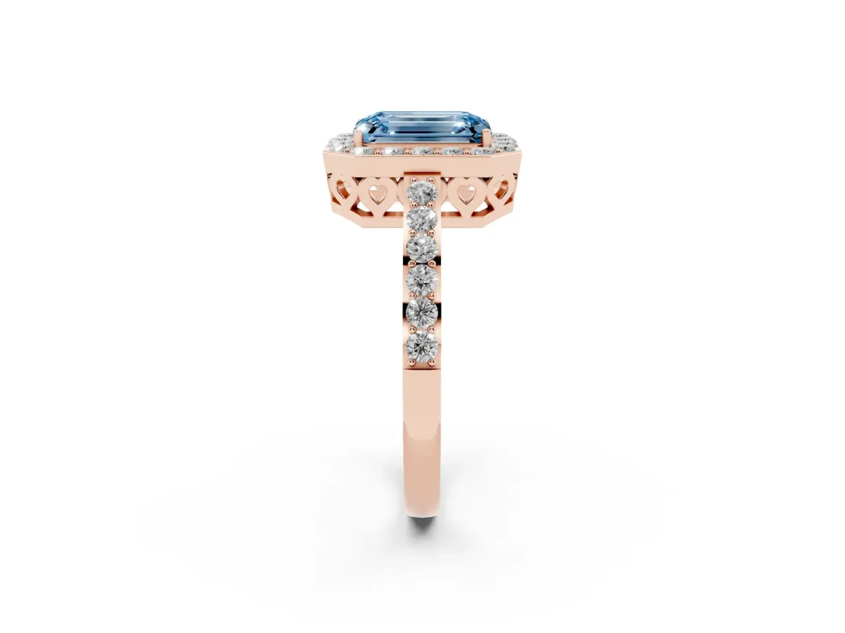 Fancy Blue Emerald Cut Halo Diamond Pavé Band Ring with Prong Setting Rose gold