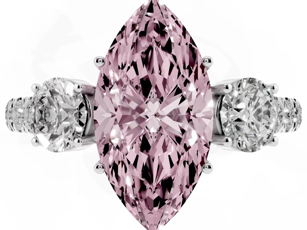 Fancy Pink Marquise Cut Cut Diamond Three-Stone Ring with Round Side Stones and Pavé Band White gold