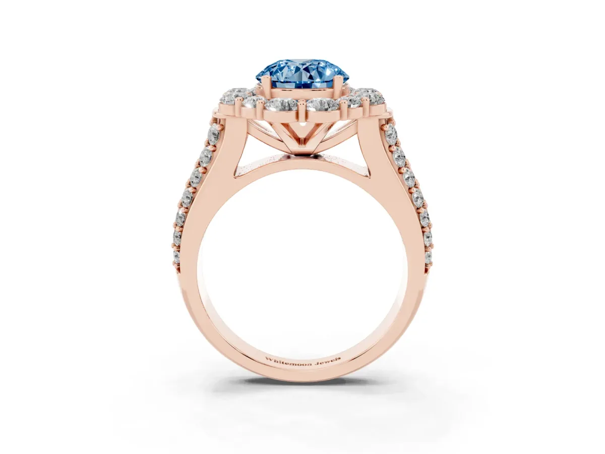 Fancy Blue Round Cut Halo Diamond Engagement Ring with Split Shank and Prong Setting Rose gold