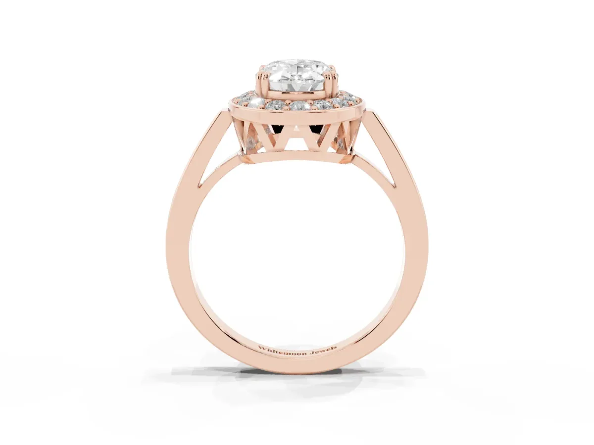 Oval Cut Diamond Halo Ring with Split Shank and Four-Prong Setting Rose gold