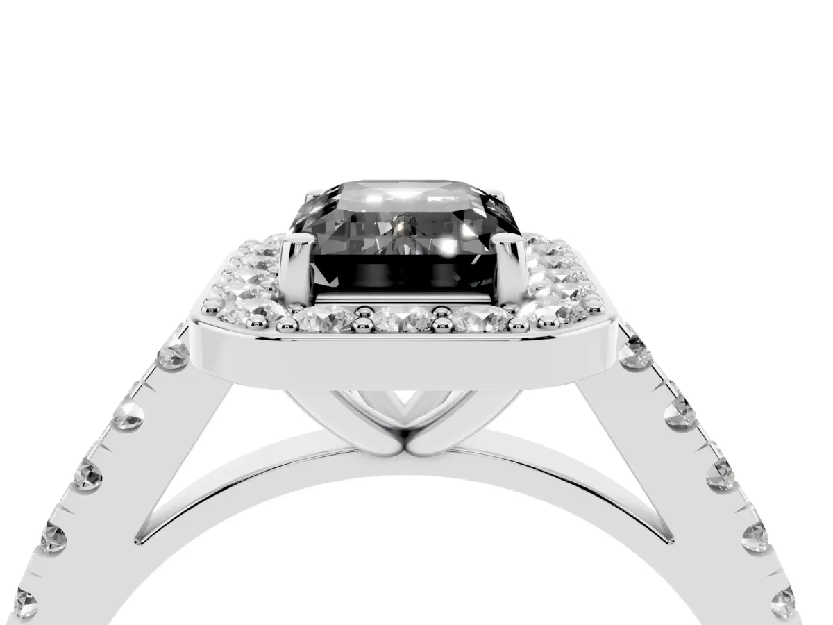 Fancy Black Emerald Cut Diamond Halo Ring with Round Pavé Split Shank and Prong Setting Platinum