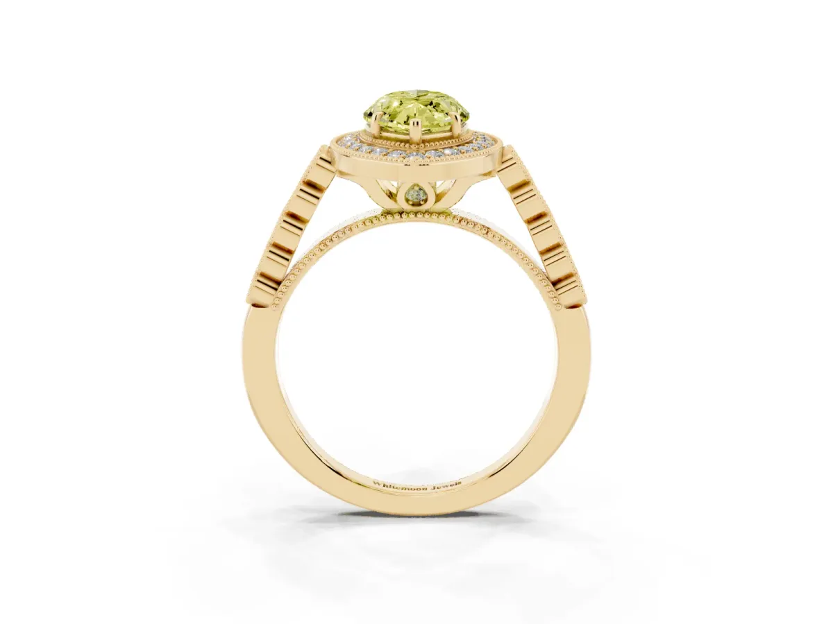 Fancy Yellow Marquise Cut Halo Milgrain Solitaire with Bezel Set Side Stones and Pave Band Yellow gold