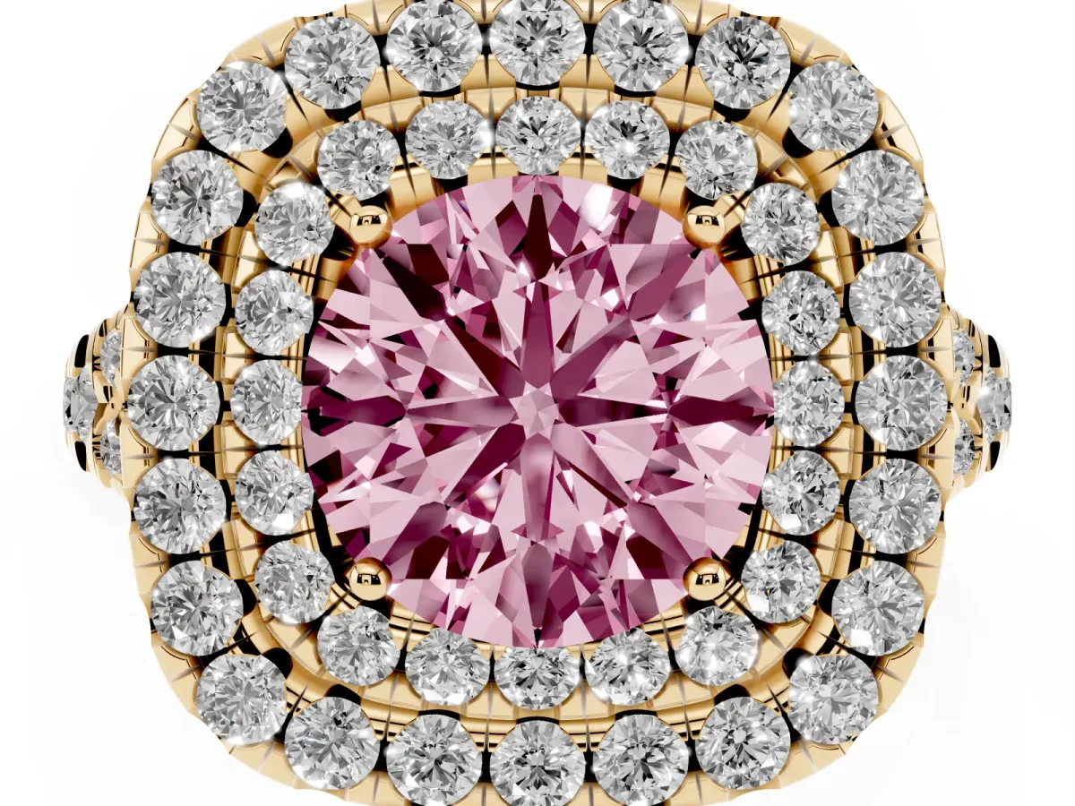 Fancy Pink Double Halo Round Cut Diamond Pavé Split Shank Ring with Prong Setting Yellow gold