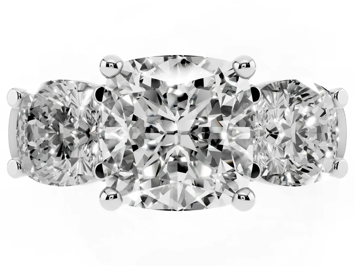 Three-Stone Cushion Cut Brilliant Diamond Trellis Ring with Comfort Fit Band Platinum