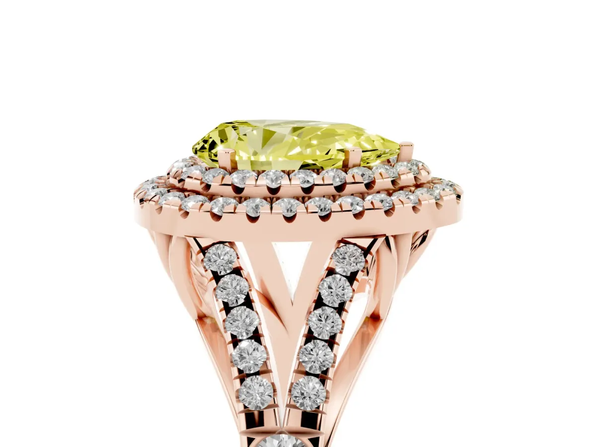 Fancy Yellow Pear Cut Diamond Pavé Split Shank Double Halo Engagement Ring Rose gold