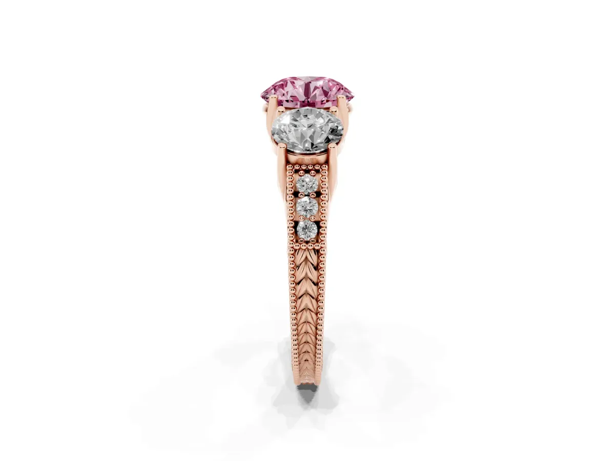 Fancy Pink Three-Stone Round Cut Cut Milgrain Pavé Engagement Ring Rose gold