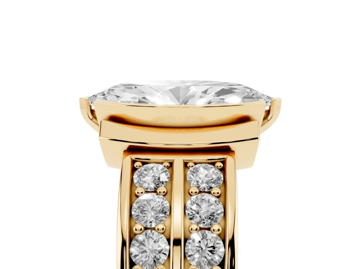 Marquise Cut Brilliant Diamond Channel Set Wide Band Ring with Bezel Setting Yellow gold
