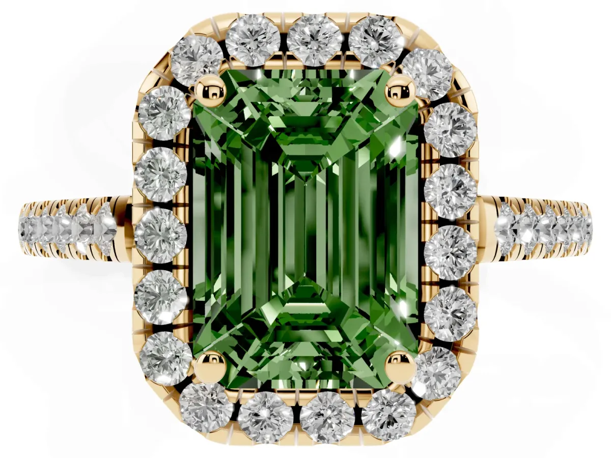 Fancy Green Emerald Cut Halo Pavé Diamond Engagement Ring with Four-Prong Setting Yellow gold