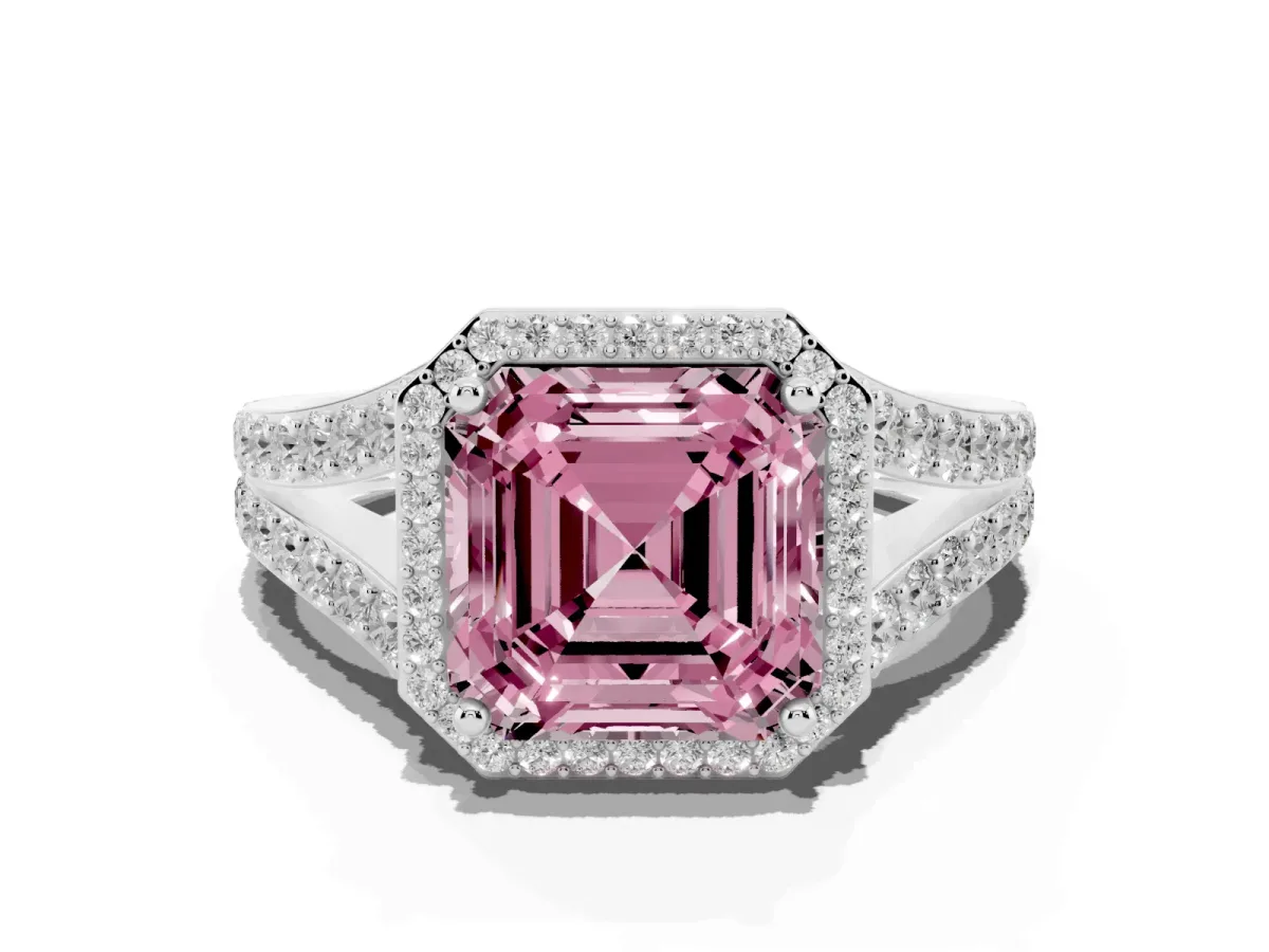 Fancy Pink Asscher Cut Diamond Split Shank Halo Ring with Four-Prong Setting Silver