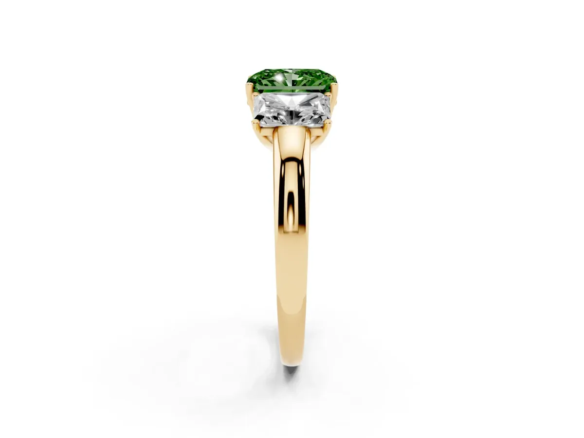 Fancy Green Radiant Cut Diamond Three-Stone Ring with Four-Prong Setting and Classic Band Yellow gold