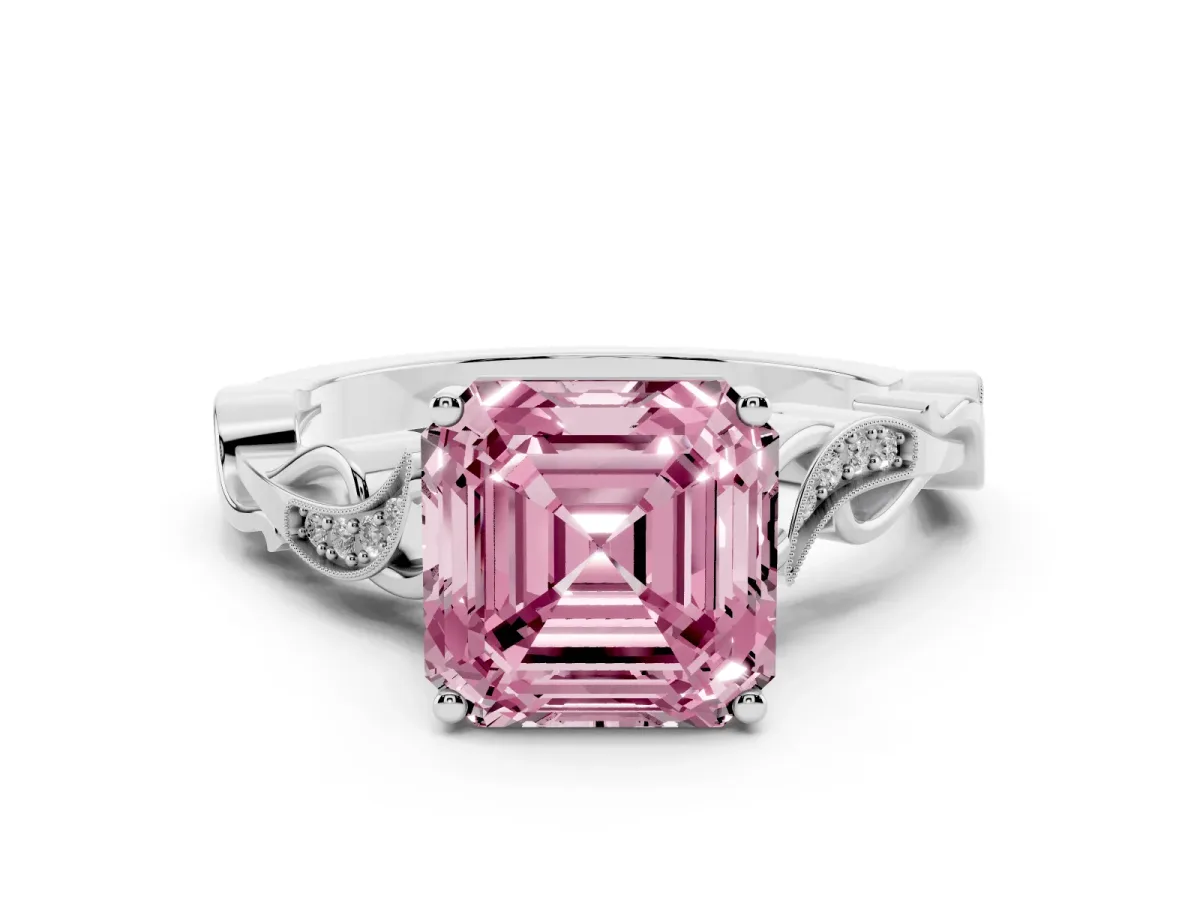 Fancy Pink Asscher Cut Solitaire Vine Band with Milgrain Prong Setting Platinum
