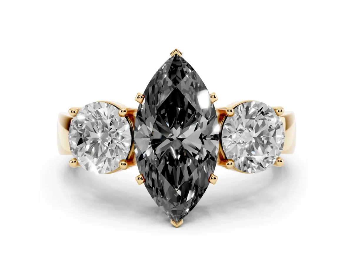 Fancy Black Three-Stone Marquise Cut Diamond Ring with Round Side Stones, Classic Band, and Four-Prong Setting Yellow gold