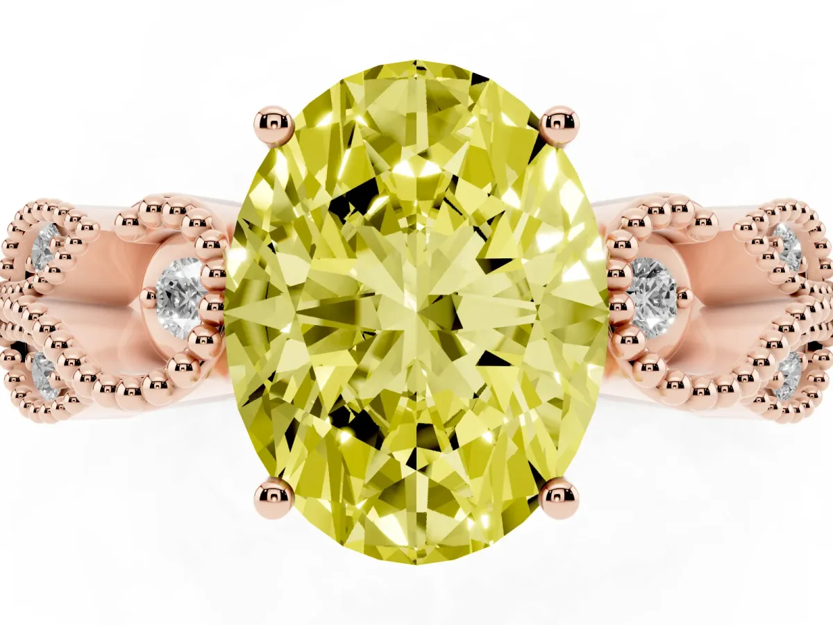 Fancy Yellow Oval Cut Solitaire Milgrain Leaf Band with Prong Setting Rose gold