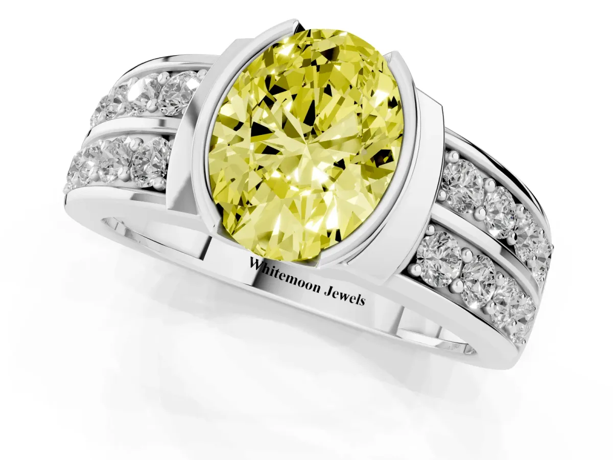 Fancy Yellow Oval Cut Brilliant Diamond Channel Set Wide Band Ring with Bezel Setting Platinum