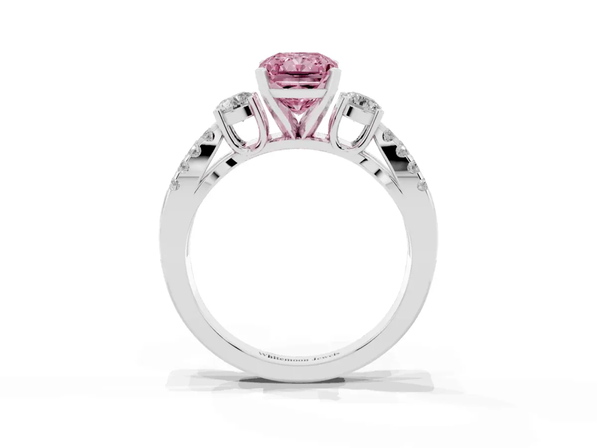 Fancy Pink Radiant Cut Diamond Three-Stone Ring with Pavé Split Shank and Four-Prong Setting Silver