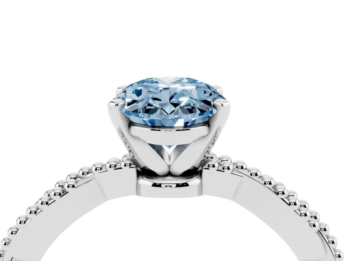 Fancy Blue Oval Cut Solitaire Twisted Band with Bead Prong Setting White gold