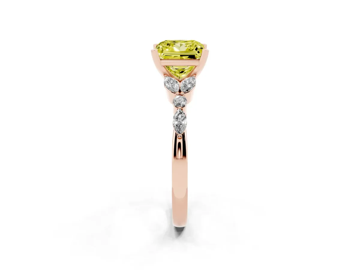 Fancy Yellow Princess Cut Diamond Solitaire Ring with Side Stones and Four-Prong Setting Rose gold