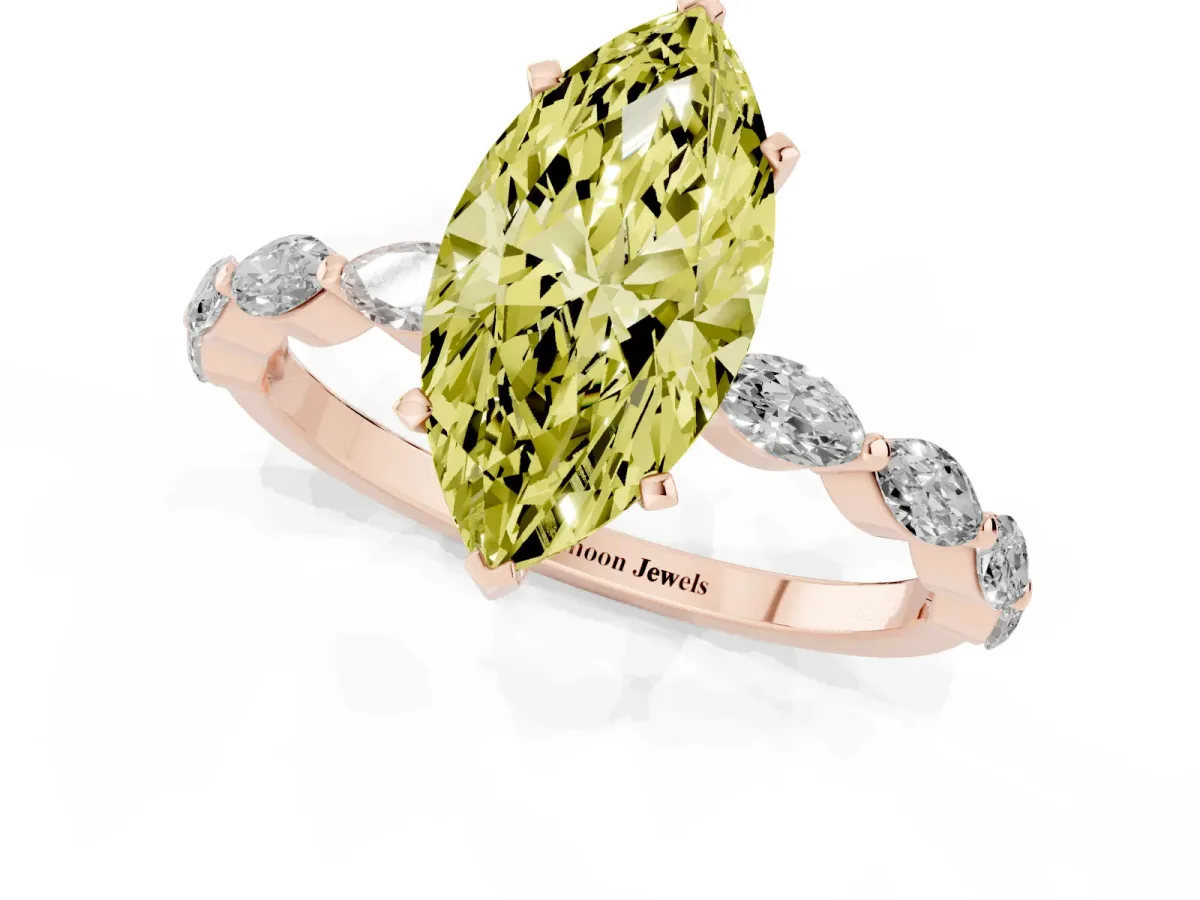 Fancy Yellow Marquise Cut Diamond Ring with Marquise Side Stones and Prong Setting Rose gold