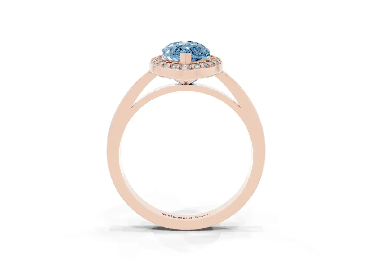 Fancy Blue Marquise Cut Halo Diamond Ring with Solitaire Band and Prong Setting Rose gold