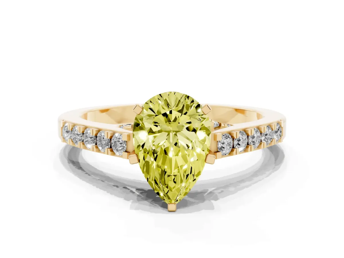 Fancy Yellow Pear Cut Diamond Solitaire Ring with Crossover Gallery and Round Pavé Band Yellow gold