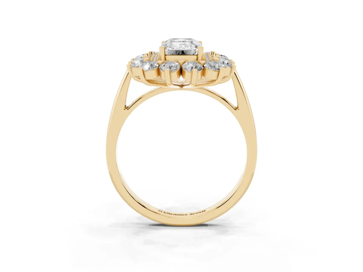 Emerald Cut Diamond Floral Double Halo Engagement Ring with Prong Setting Yellow gold