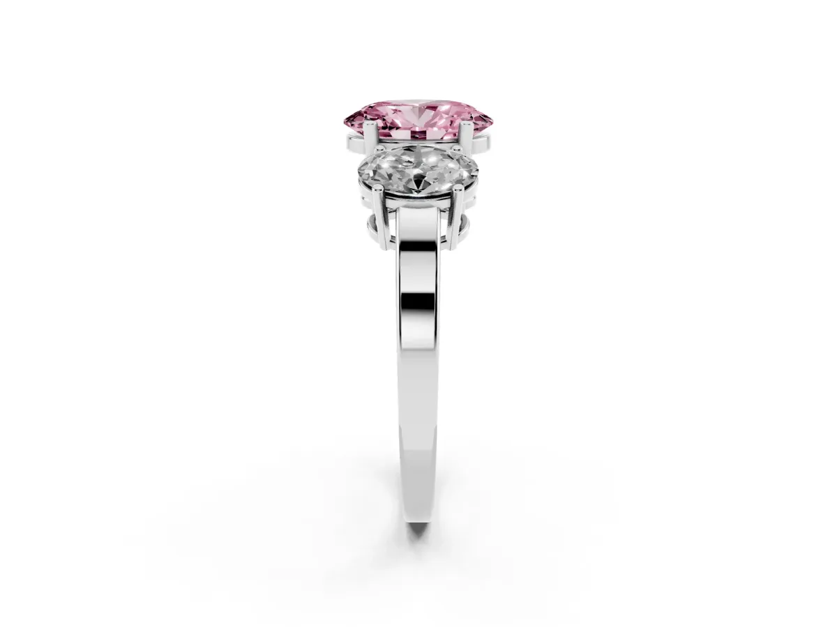 Fancy Pink Three-Stone Oval Cut Cut Diamond Engagement Ring with Flat Band and Four-Prong Setting Silver