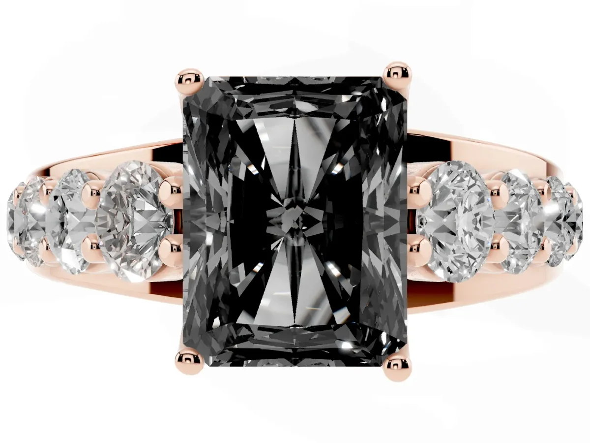 Fancy Black Radiant Cut Diamond Engagement Ring with Pavé Band and Four-Prong Setting Rose gold