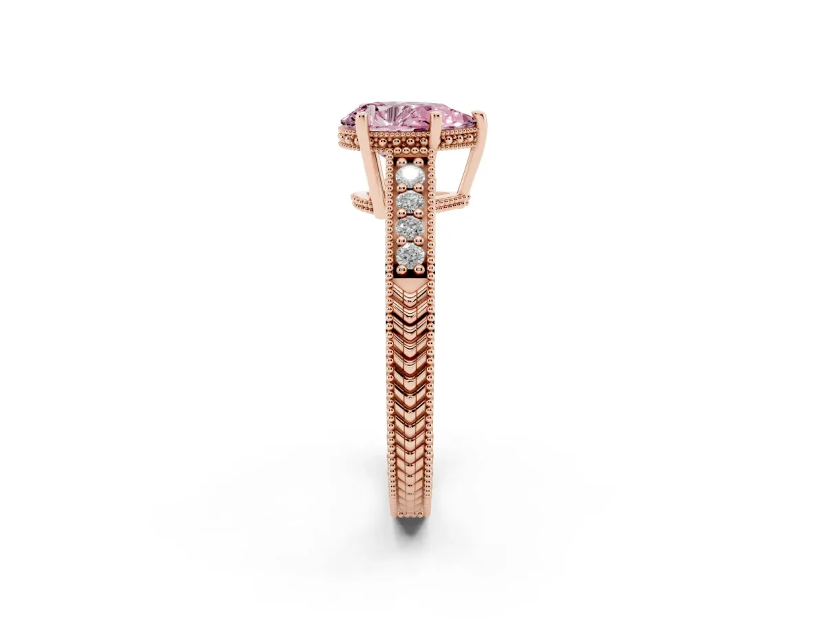 Fancy Pink Pear Cut Solitaire Pavé Diamond Milgrain Engagement Ring with Four-Prong Setting Rose gold