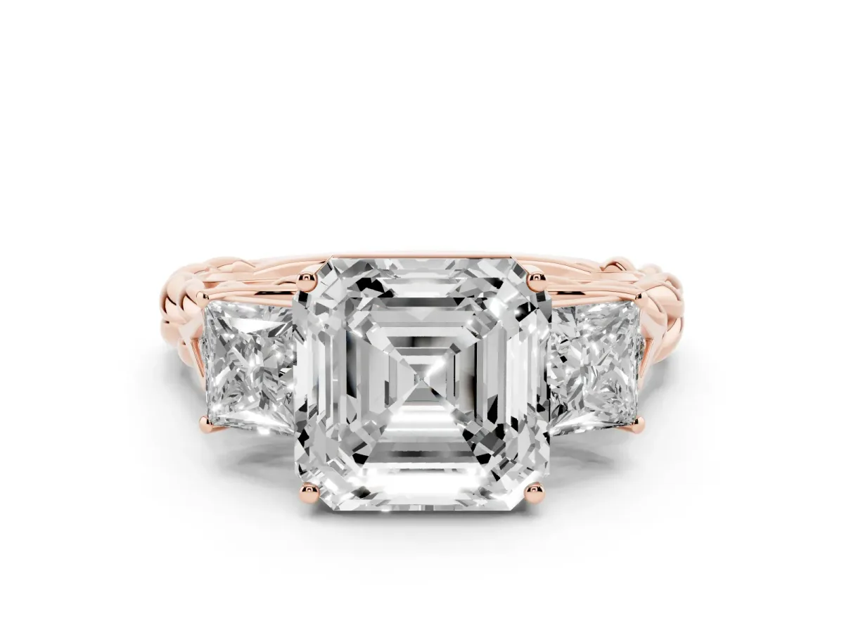 Three-Stone Asscher Cut Diamond Braided Band Ring with Four-Prong Setting Rose gold