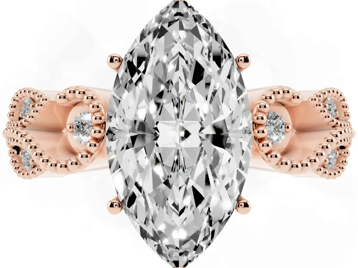 Marquise Cut Solitaire Milgrain Leaf Band with Prong Setting Rose gold