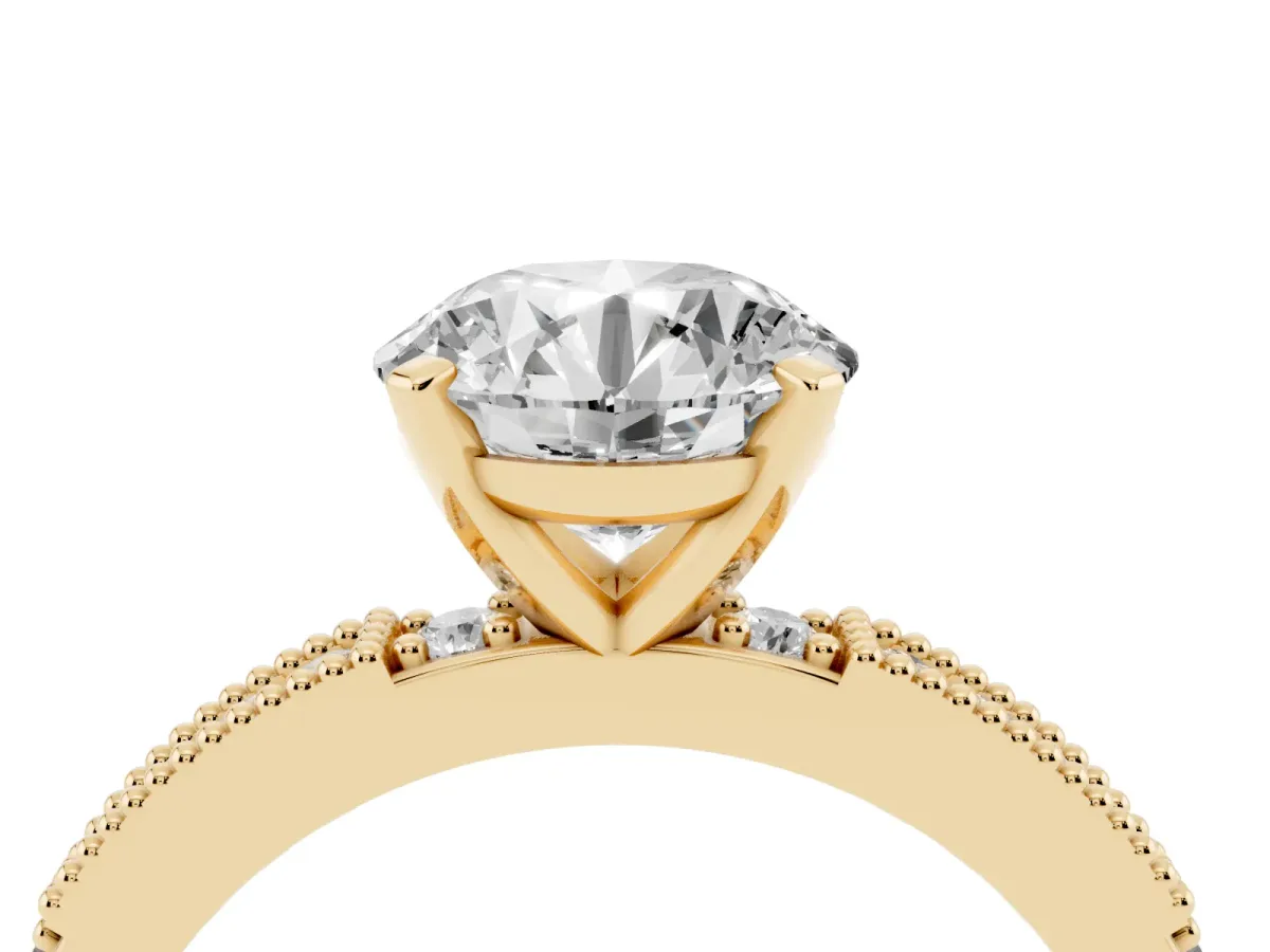 Round Cut Solitaire with Pavé Band and Four-Prong Setting Yellow gold