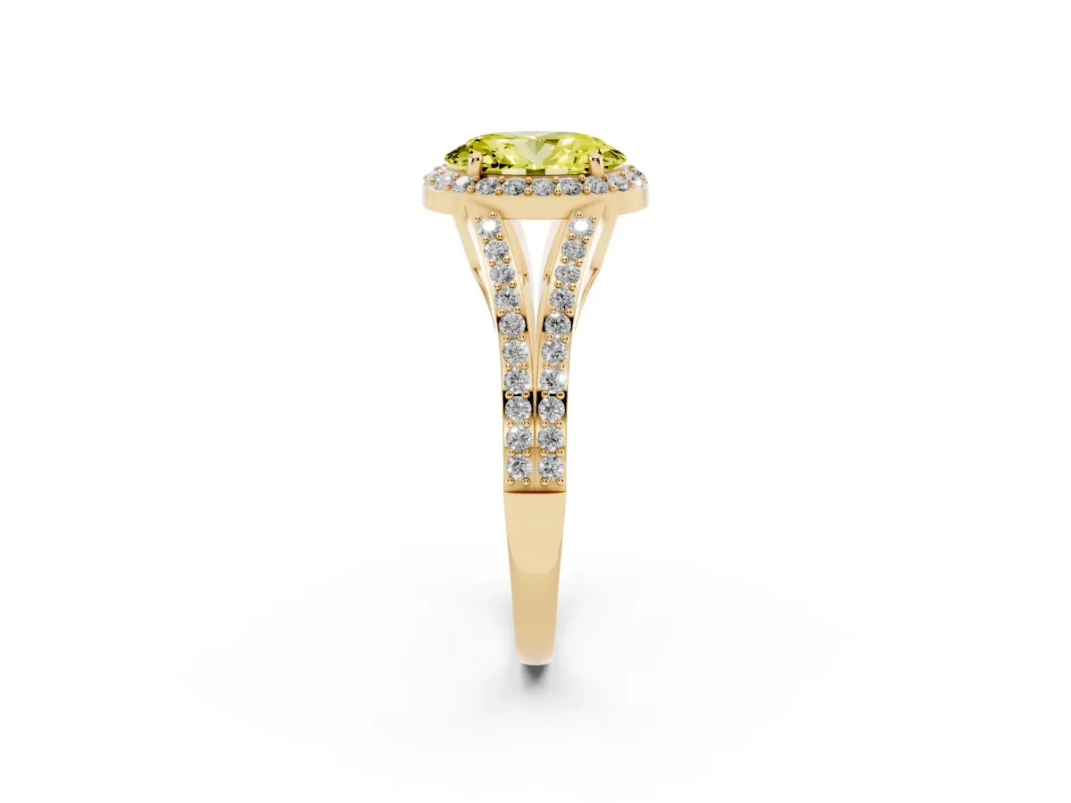 Fancy Yellow Oval Cut Halo Split Shank Pave Diamond Ring with Four-Prong Setting Yellow gold