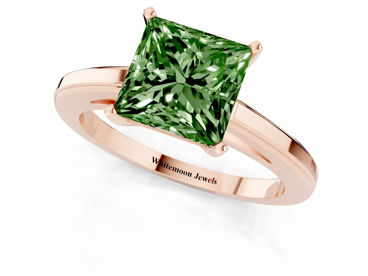 Fancy Green Princess Cut Solitaire Diamond Ring with Four-Prong Setting and Classic Band Rose gold