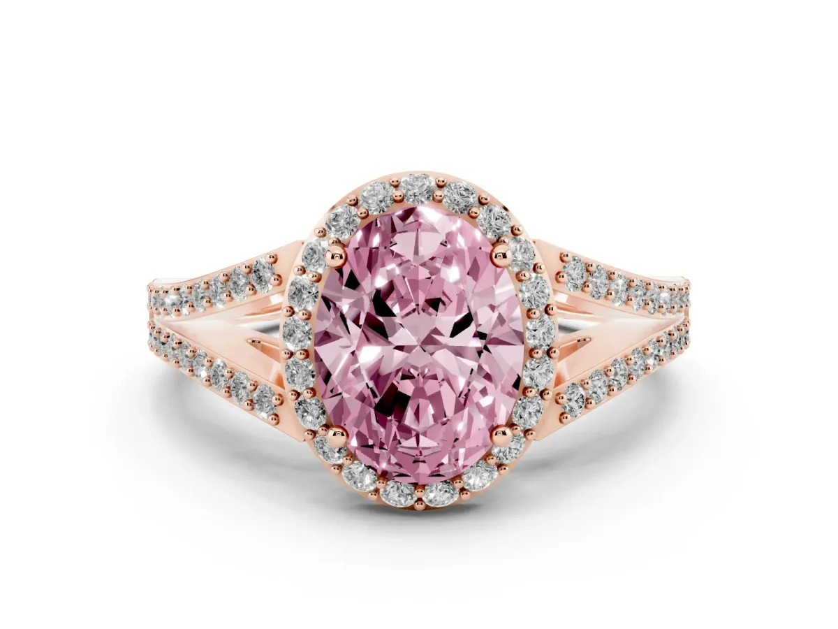 Fancy Pink Oval Cut Halo Split Shank Pave Diamond Ring with Four-Prong Setting Rose gold