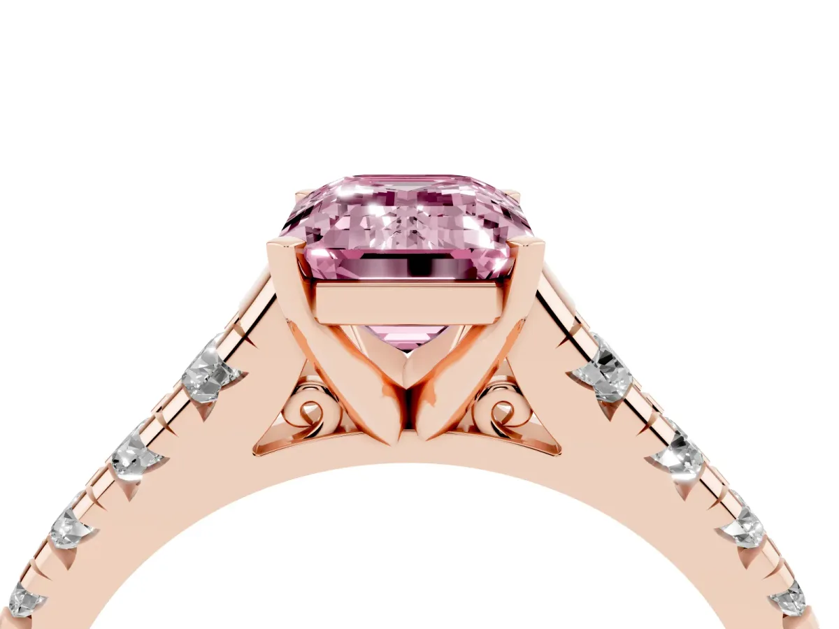 Fancy Pink Emerald Cut Diamond Cathedral Solitaire Ring with Round Pavé Band Rose gold