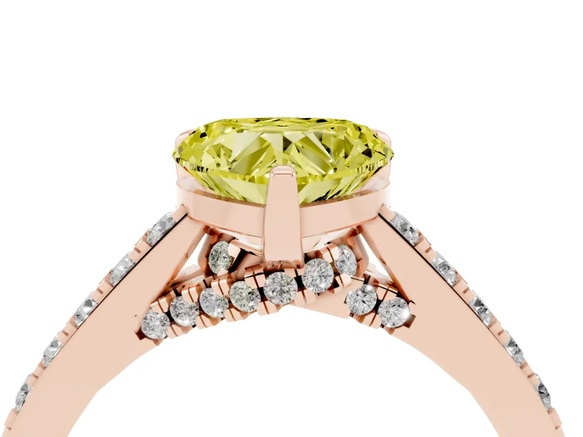 Fancy Yellow Heart Cut Diamond Solitaire Ring with Crossover Gallery and Round Pavé Band Rose gold