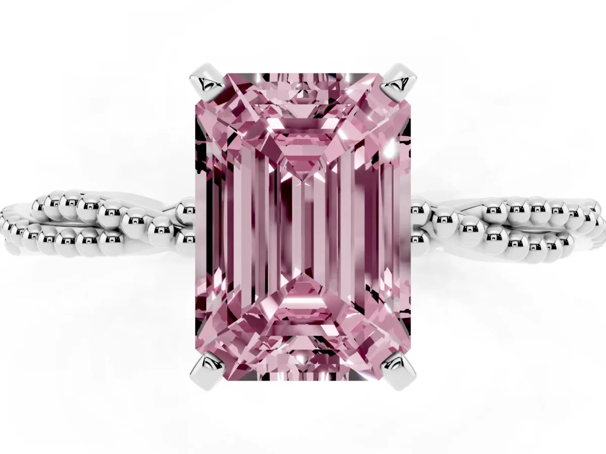 Fancy Pink Emerald Cut Solitaire Twisted Band with Bead Prong Setting Platinum