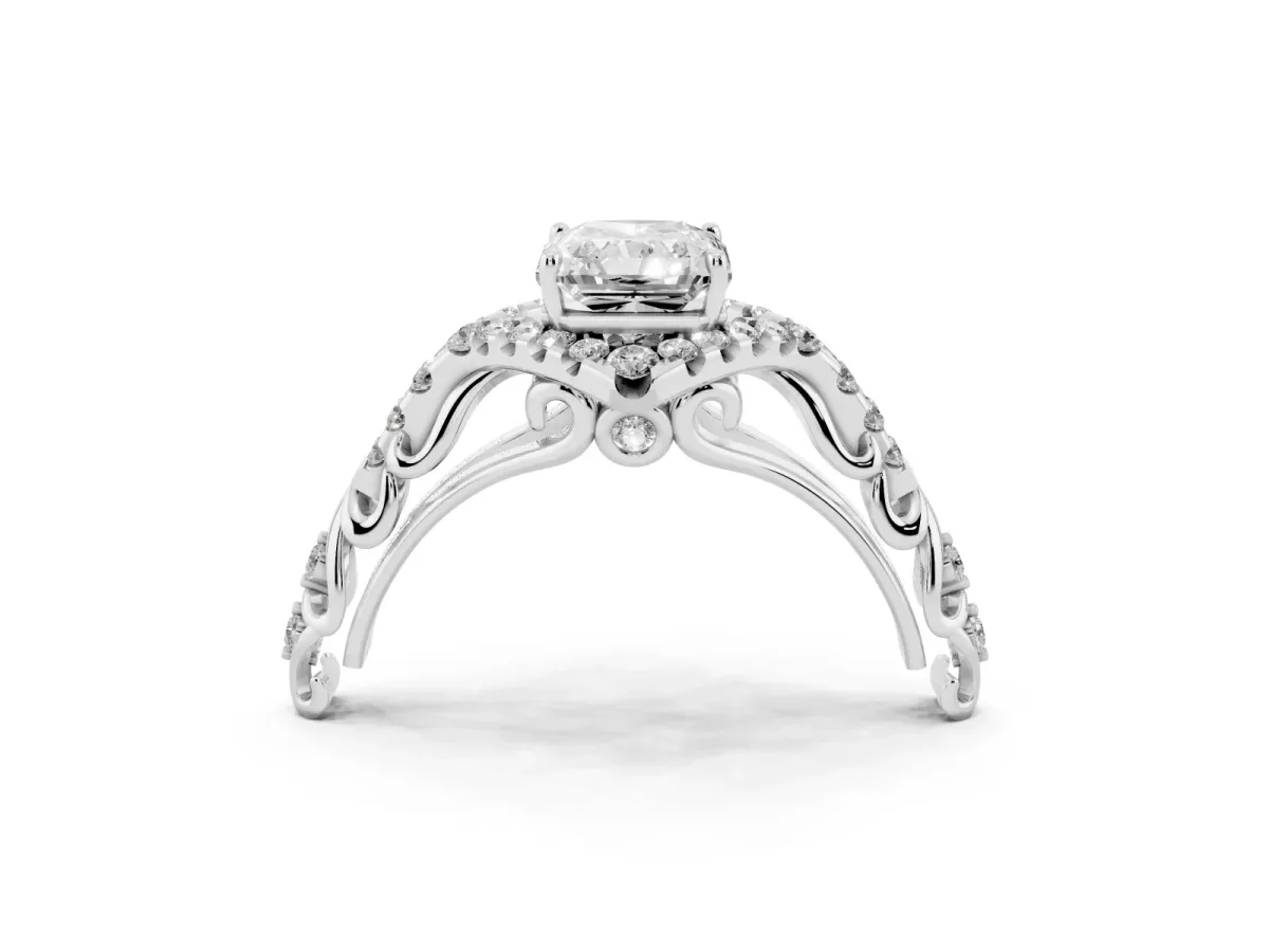 Radiant Cut Diamond Solitaire Ring with Hidden Halo and Pavé Band Silver
