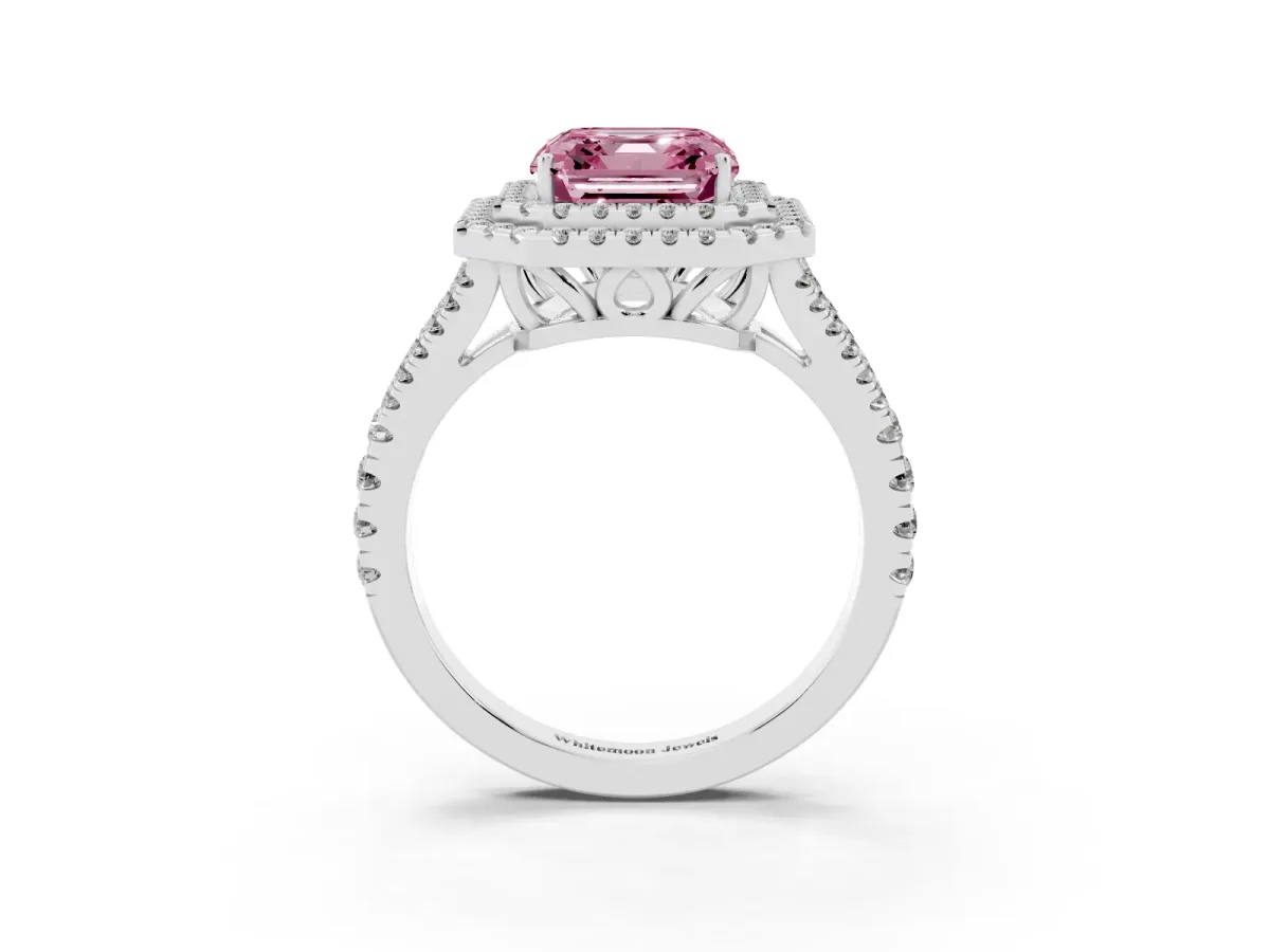 Fancy Pink Asscher Cut Diamond Double Halo Ring with Pavé Band and Prong Setting Platinum