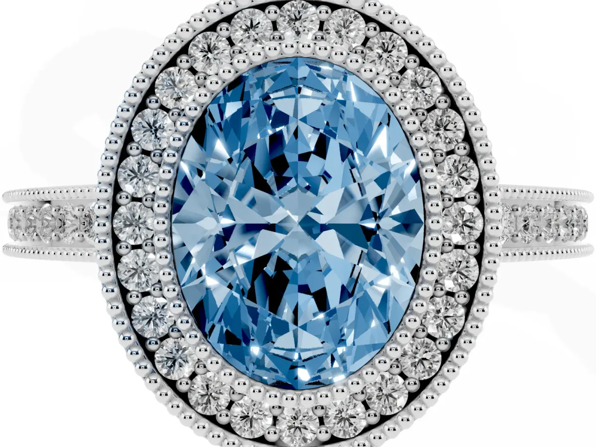 Fancy Blue Oval Cut Cut Halo Diamond Ring with Pavé Band and Milgrain Prong Setting Silver