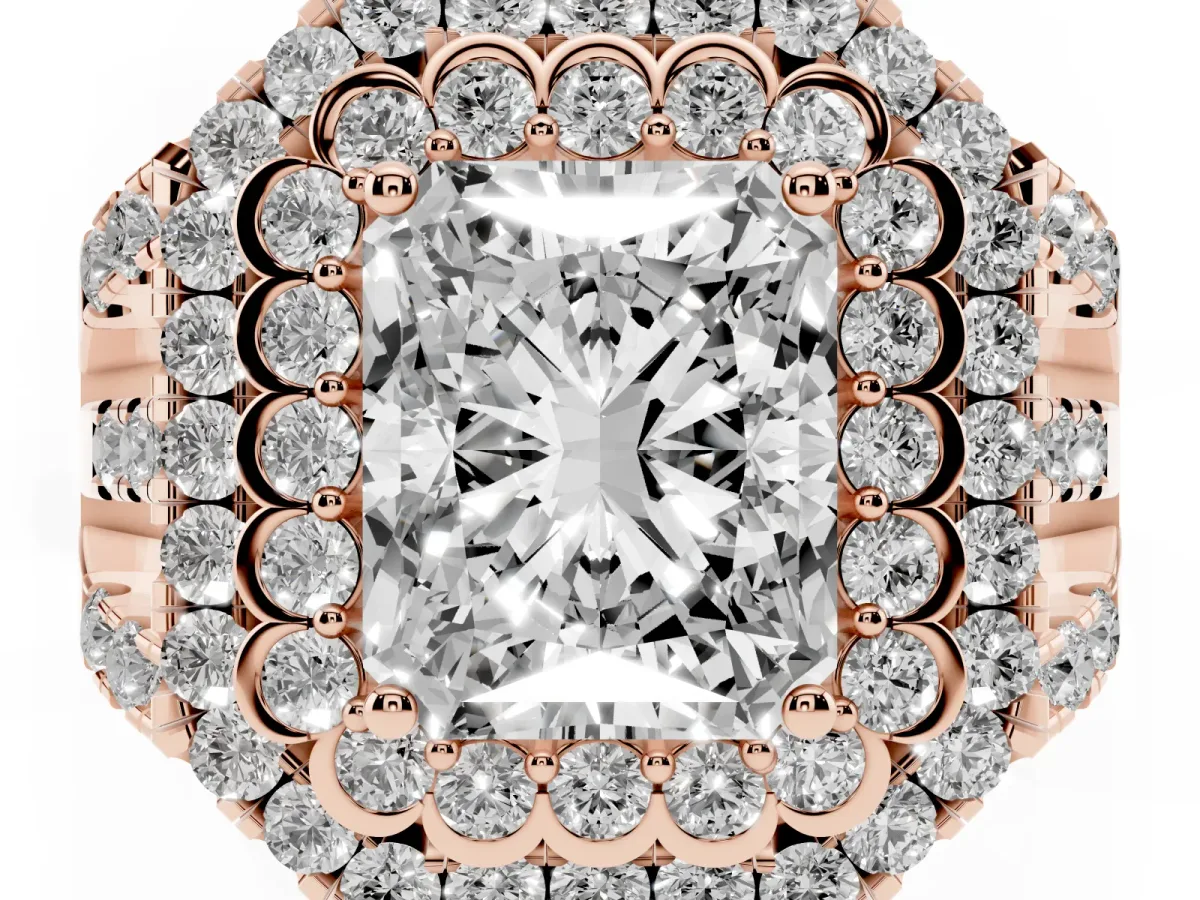 Radiant Cut Diamond Double Halo Ring with Round Pavé Split Shank and Prong Setting Rose gold