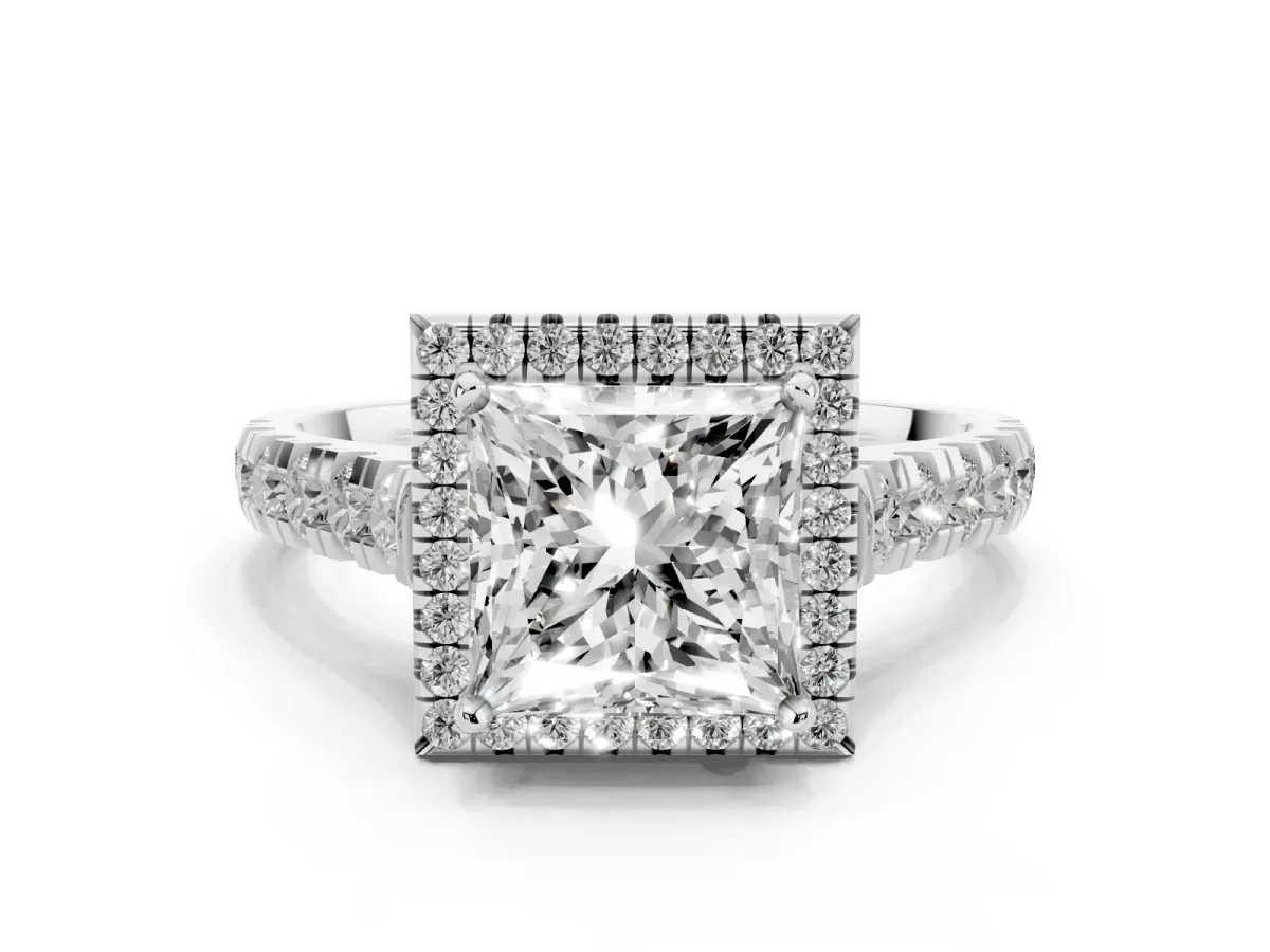 Princess Cut Halo Pavé Diamond Engagement Ring with Four-Prong Setting Silver