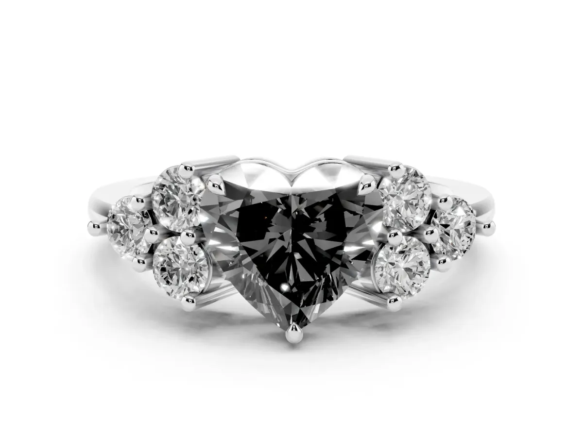 Fancy Black Heart Cut Brilliant Diamond Cluster Accent Solitaire Ring with Prong Setting Platinum