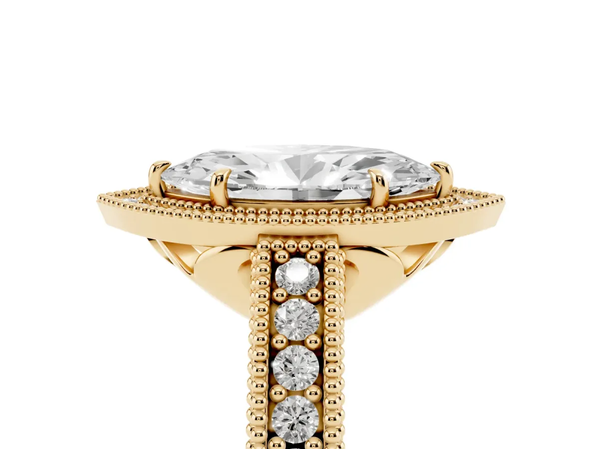 Marquise Cut Cut Halo Diamond Ring with Pavé Band and Four-Prong Setting Yellow gold