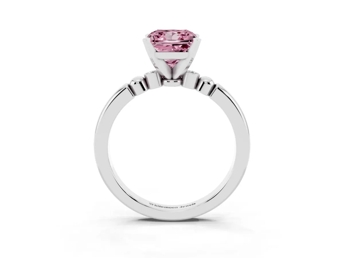 Fancy Pink Princess Cut Solitaire Beaded Band with Four-Prong Setting Silver