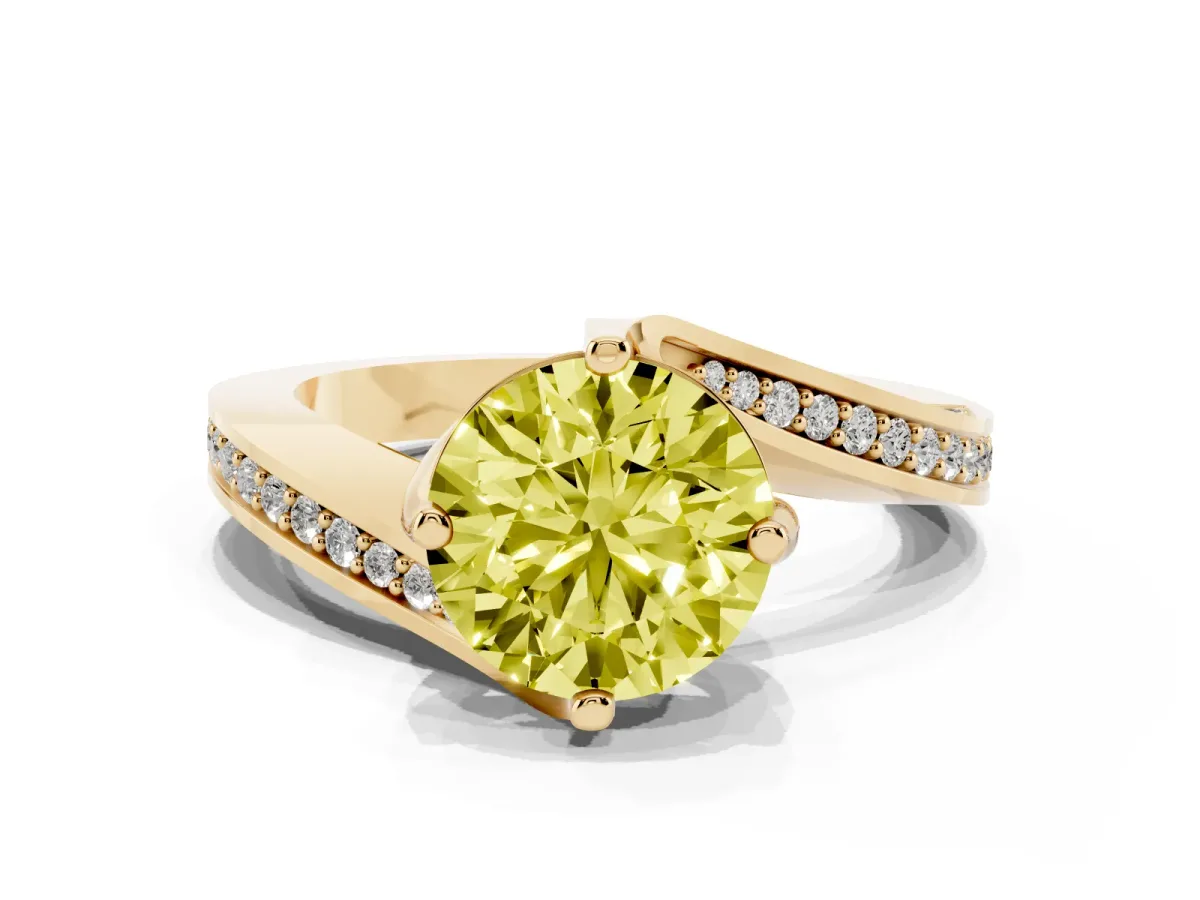 Fancy Yellow Round Cut Solitaire Diamond Twist Band with Pavé Setting and Four-Prong Setting Yellow gold
